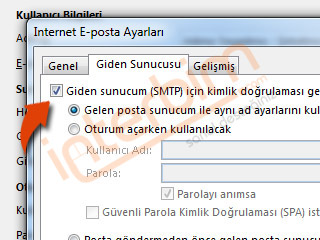 Giden Sunucum (SMTP) için Kimlik Doğrulaması Gerekiyor seçeneğini işaretleyiniz.