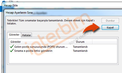 İleri düğmesi tıklatıldığında hesap ayarlanı otomatik olarak sına