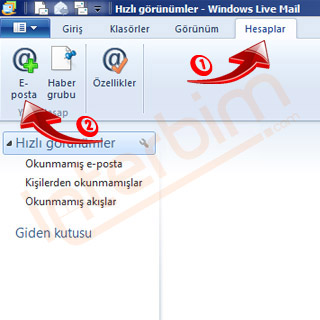 Windows Live Mail 2011 programında üst kısımda bulunan Hesaplar (Accounts) sekmesinden E-Posta seçeneğine tıklayınız.