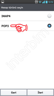 Hesap türü seçin ekranında POP3 seçeneğine dokunuyoruz.