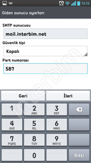 Giden sunucusu ayarları ekranında ki bilgileri dolduruyoruz. SMTP sunucusu kısmını mail.sizindomainadresiniz.com şeklinde giriyoruz. Port numarası kısmında ki değeri 587 olarak değiştiriyoruz. İleri düğmesine dokunuyoruz.