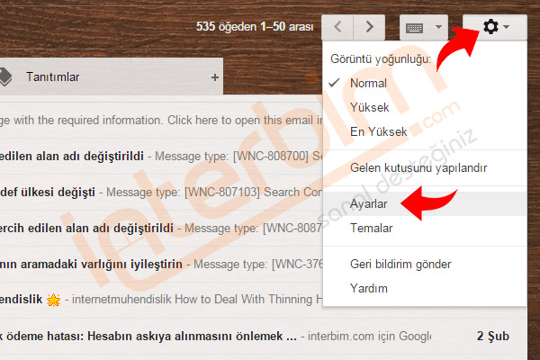 Gmail hesabınıza girdikten sonra, sol üstte bulunan Ayarlar (çark ikonu) düğmesine tıklayıp, Ayarlar menüsüne tıklayınız.