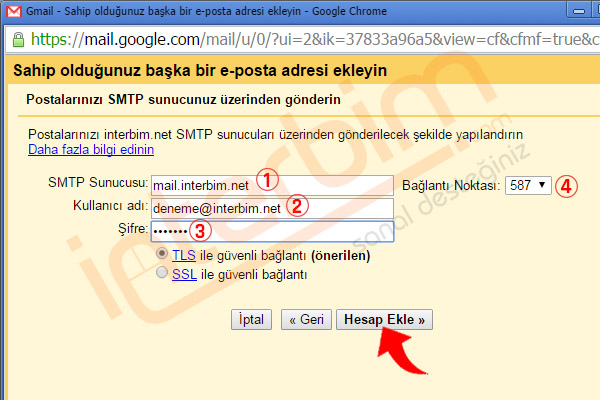 Giden posta sunucunuzu, e-posta adresinizi, şifrenizi yazıp Hesap Ekle düğmesini tıklayınız