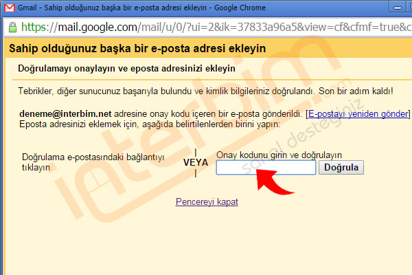 Bu adımda eposta adresinize onay kodu gönderilmiştir. Bu onay kodunu girip Doğrula düğmesi ile devam ediniz