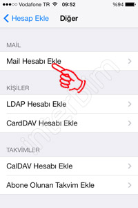 Açılan Diğer menüsününden E-postalar bölümünün altında bulunan Mail Hesabı Ekle menüsüne dokunuyoruz.