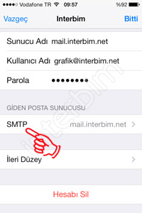 Ad menüsüne tekrar geldiğinizde Giden Posta Sunucusu bölümünün altında bulunan SMTP kısmına dokunuyoruz.