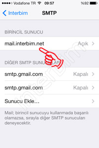 SMTP menüsünün altında bulunan Birincil Sunucu bölümündeki mail.sizindomainadınız.com kısmına dokunuyoruz.