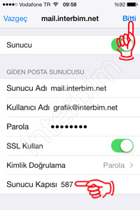 Açılan sayfada Giden Posta Sunucusu bölümünün altında bulunan Sunucu Kapısı değerini 587 olarak değiştirip Bitti düğmesine dokunuyoruz. Bu adımla beraber mail kurulumunuz gerçekleşmiş olacaktır. Artık mail alıp gönderme işlemlerinizi IPhone'nunuzdan yapabilirsiniz.