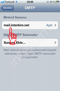 SMTP menüsünün altında bulunan Birincil Sunucu bölümündeki mail.sizindomainadınız.com kısmına dokunuyoruz.