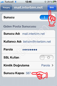 Açılan sayfada Giden Posta Sunucusu bölümünün altında bulunan Sunucu Kapısı değerini 587 olarak değiştirip Bitti düğmesine dokunuyoruz. Bu adımla beraber mail kurulumunuz gerçekleşmiş olacaktır. Artık mail alıp gönderme işlemlerinizi IPhone'nunuzdan yapabilirsiniz.