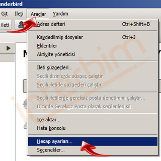 Mozilla Thunderbird programında üst kısımda bulunan Araçlar sekmesinden Hesap Ayarları seçeneğine tıklayınız.