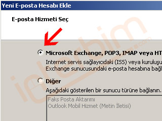 Microsoft Exchange, POP3, IMAP seçeneğini işaretleyiniz.
