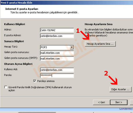 Hesap Türü seçeneği POP3 seçiniz.