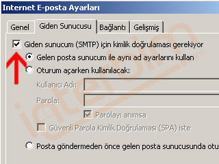 Giden sunucum (SMTP) için kimlik doğrulaması gerekiyor seçeneğini işaretleyiniz.