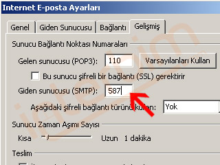 Diğer Ayarlar düğmesi ile açılan pencerede Gelişmiş sekmesinde değeri 25 olan Giden Sunucum (SMTP) kutucuğuna 587 yazınız.