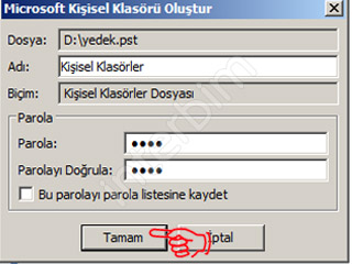 Son olarak açılan pencereden istiyorsak dosyamıza parola koyabiliyoruz. Tamam düğmesine tıklıyoruz.