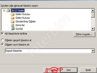 Son olarak karşımıza gelen pencerede ise yedeğini almak istediğimiz dosyaları seçtikten sonra Son düğmesine tıklıyoruz. Artık yedeklerimiz Outlook 2007 programımızın içerine aktarılmıştır.