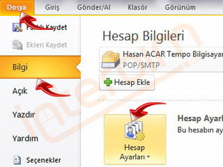 Microsoft Office Outlook 2010 programında bulunan Dosya menüsünden Bilgi kısmından Hesap Ayarları düğmesine tıklayınız.