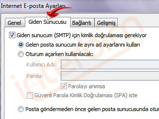 Giden Sunucum (SMTP) için Kimlik Doğrulaması Gerekiyor seçeneğini işaretleyiniz.