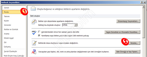 Outlook Seçenekleri penceresinden Posta sekmesinin altında bulunan İmzalar butonuna tıklıyoruz.