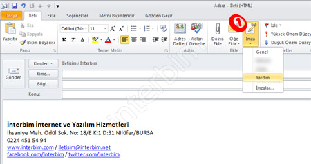 Oluşturduğumuz imzaları Yeni İleti penceresinde bulunan İmza menüsünden de görebiliyoruz. Buradan e-posta için kullanacağımız imzamızı değiştirebiliyoruz.