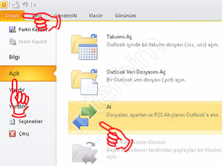 Microsoft Office Outlook 2010 programında bulunan Dosya menüsünden Açık sekmesinin altında ki Al düğmesine tıklıyoruz.