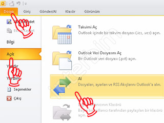 Aldığımız yedeği tekrar Outlook 2010' ye yüklemek için Dosya menüsünden Açık sekmesinin altında ki Al düğmesine tıklıyoruz.