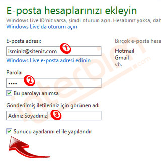 E-posta Hesaplarınızı Ekleyin penceresindeki ilk kutucuğa e-posta adresinizi yazınız.