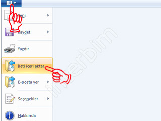 Aldığımız yedeği tekrar Outlook 2007' ye yüklemek için Dosya menüsünün altında bulunan Al ve Ver... seçeneğini tıklıyoruz. Karşımızda çıkan pencerede Gerçekleştirilecek eylemi seçin: kısmının altında bulunan Başka bir program veya dosyadan al seçeneğini seçiyoruz. İleri düğmesine tıklıyoruz.