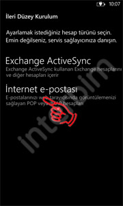 İleri Düzey Kurulum ekranında gelen İnternet e-postası düğmesine dokunuyoruz.